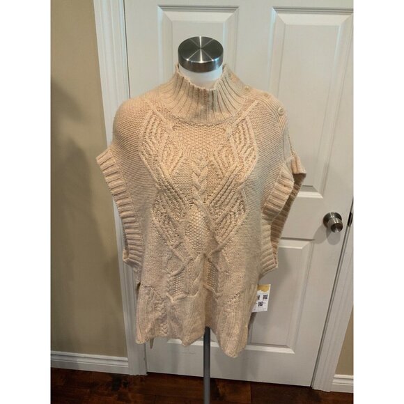 BCBG MAXAZRIA Tan Cable Knit Sleeveless Knit Sweater w/ Button Neck, Size M/L - Picture 1 of 9